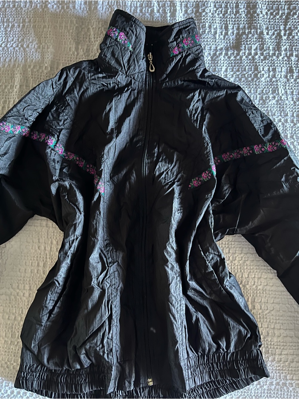 Basic Editions Black Bomber Jacket with Purple-Pink Floral Trim